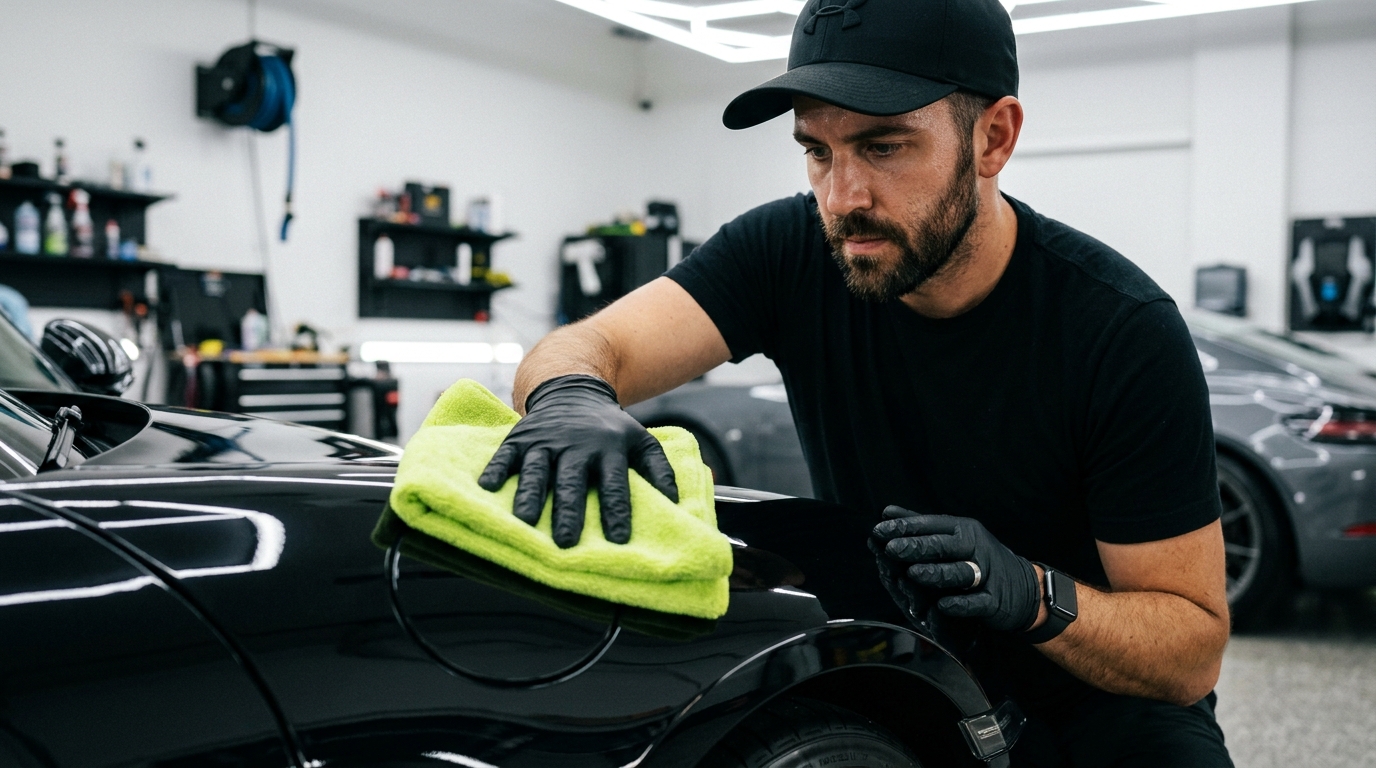DetailRig Detailer Wiping Black Car with Lime Towel
