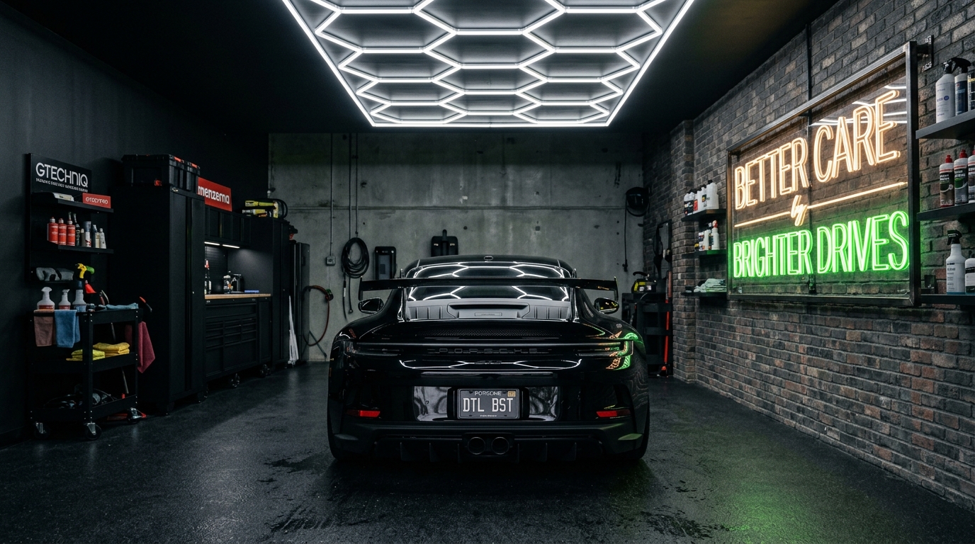DetailRig Studio Garage with Better Care Brighter Drives Neon Sign