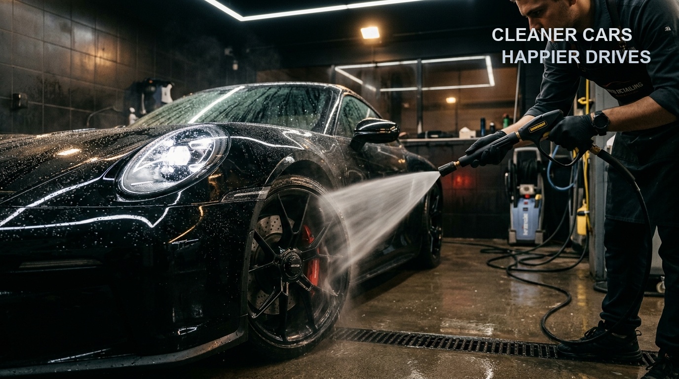 DetailRig pressure washer testing on car wheel with water spray