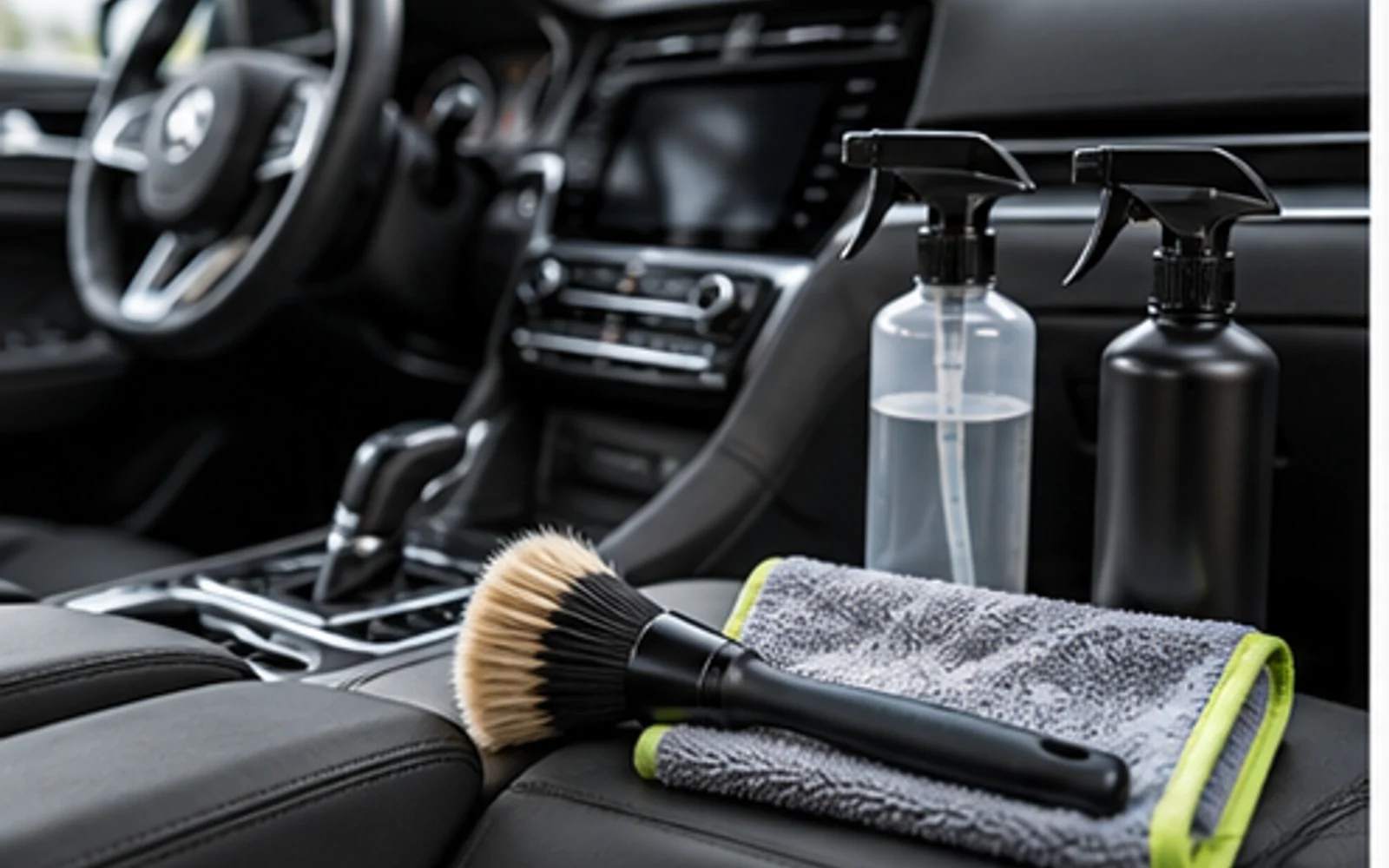Interior detailing products arranged on a car seat: cleaner, stain extractor, glass spray and protectant