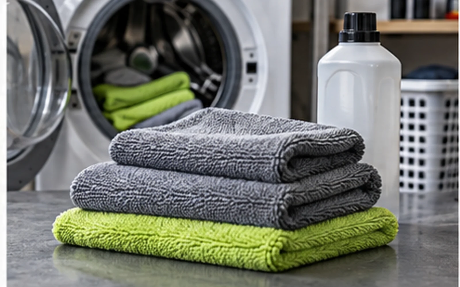 Stack of clean folded microfiber detailing towels in assorted colors on a garage workbench