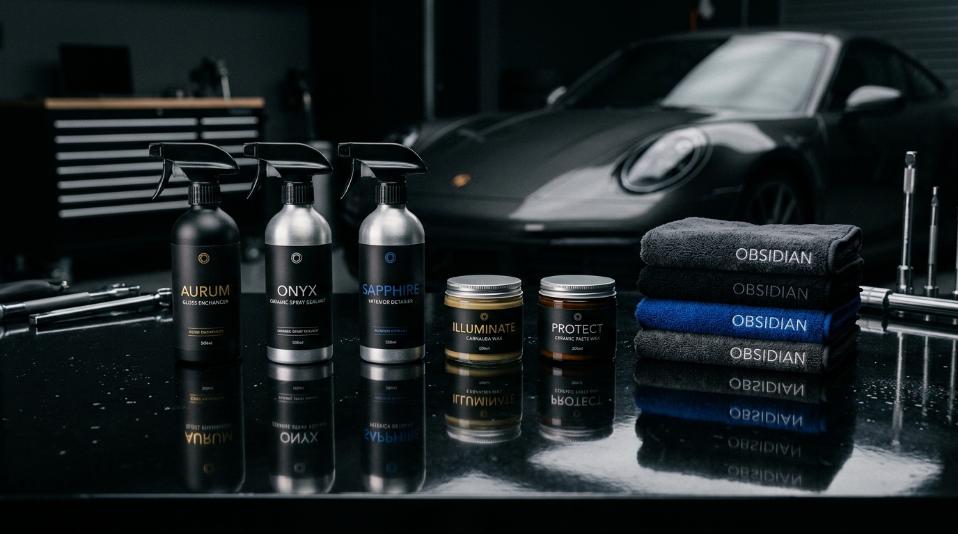 Detailing brands bottles and products lined up