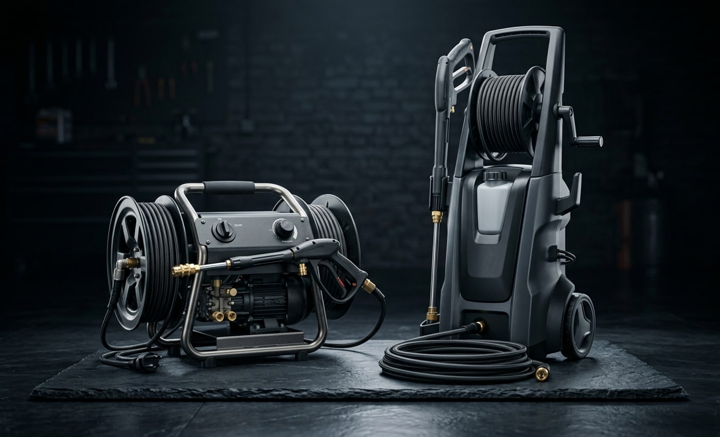 Two pressure washer formats arranged for comparison