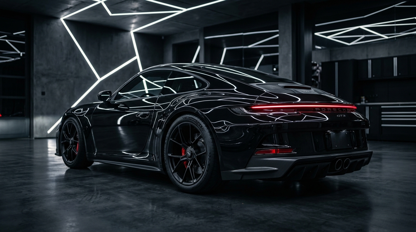 Glossy black Porsche GT3 sports car parked in modern dark detailing garage