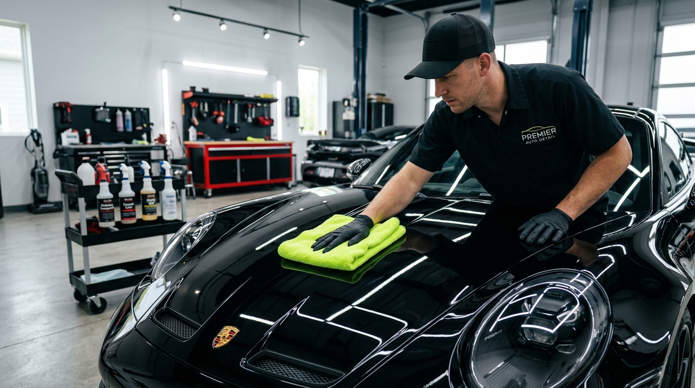 Detailer in black cap and work shirt wiping black sports car hood with lime green microfiber towel