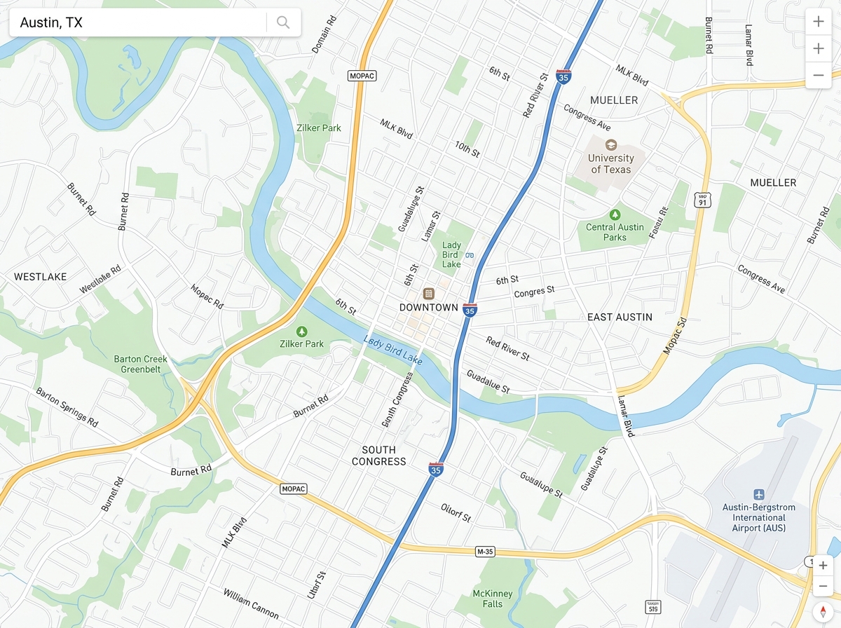 Map of Austin Texas detailing headquarters region