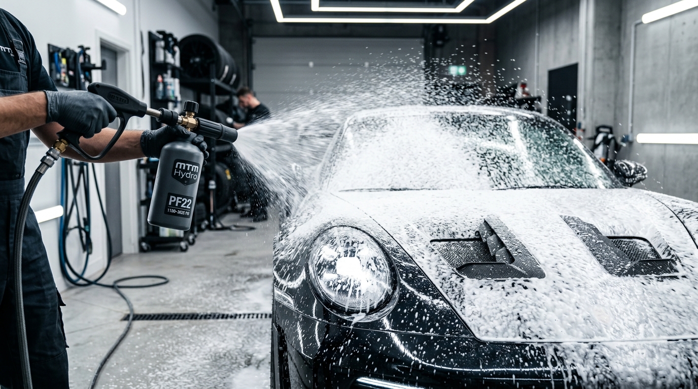 MTM Hydro Foam Cannon actively spraying snow foam on car