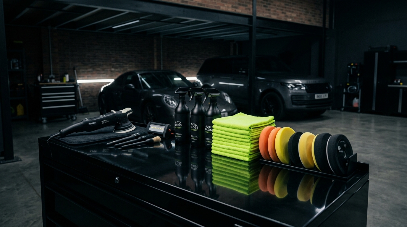 Automotive detailing workshop with spray bottles and microfiber towels