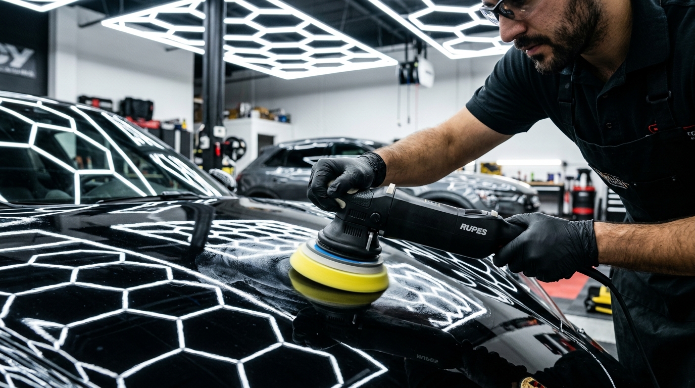 Detailer polishing glossy car paint