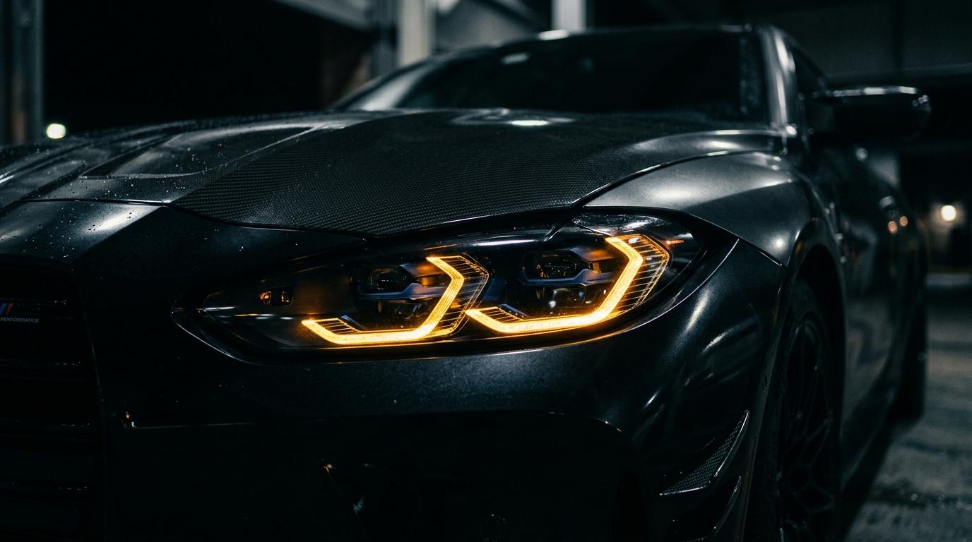 BMW LED headlight glowing amber gold in darkness