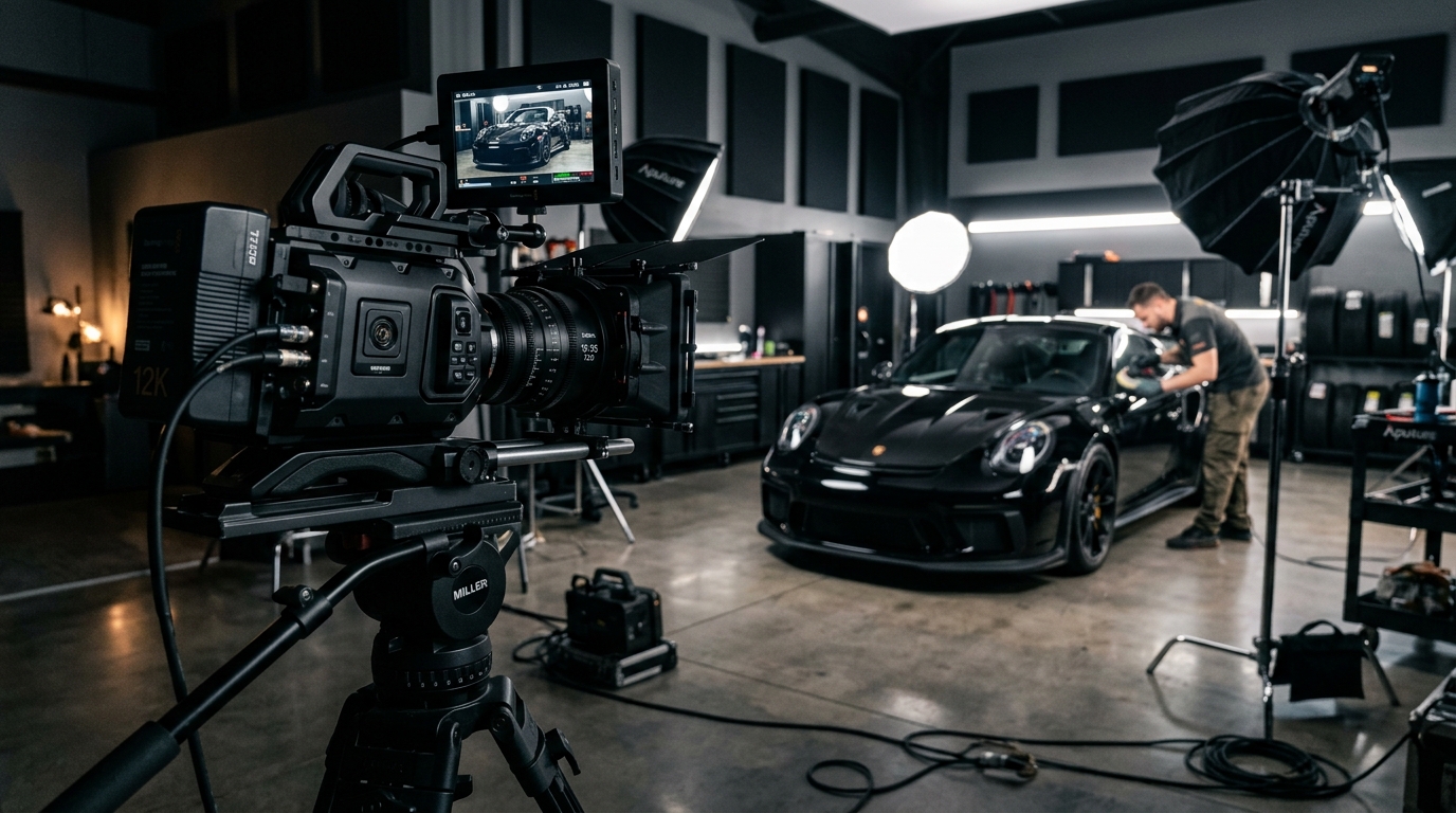 Camera filming sports car in garage